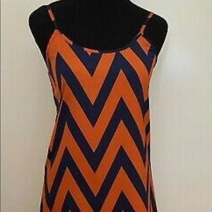 NEWBURY KUSTOM NAVY BLUE & ORANGE CHEVRON STRIPE A LINE DRESS WITH BOW